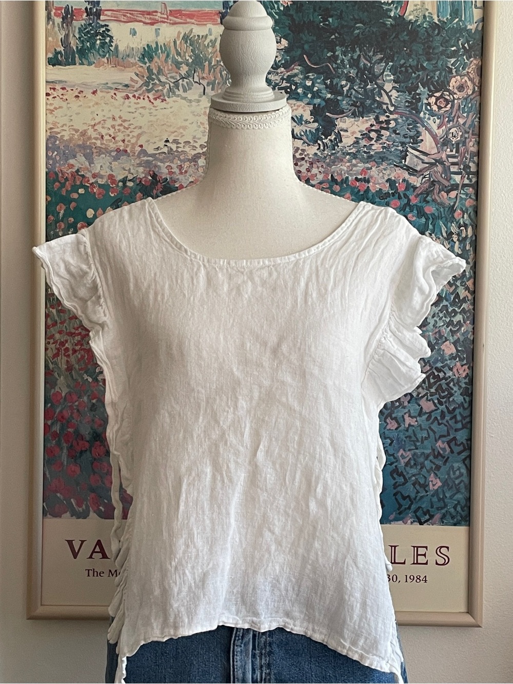 White Linen Ruffle Trim Top Small Flutter Sleeve Made In Italy Boho Cottagecore